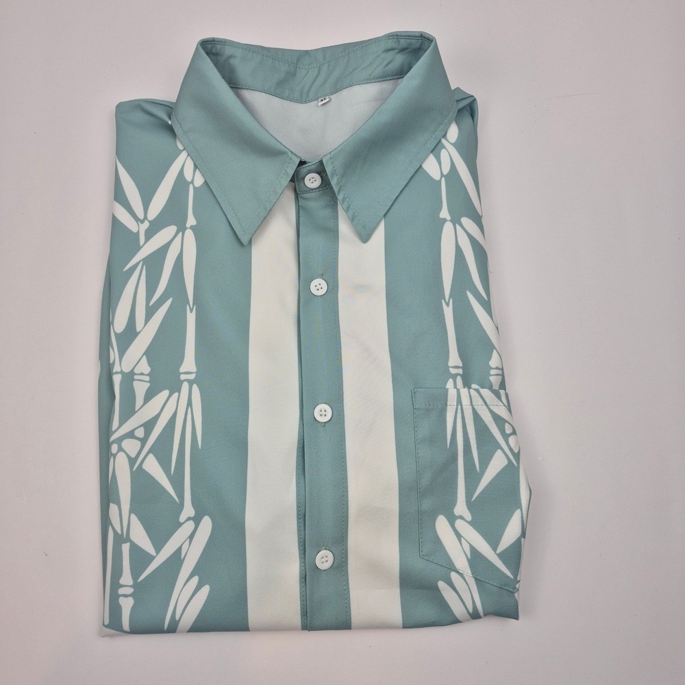 Mens XL Camp Shirt Green  Bamboo Print Button Up Short Sleeve Resort Hawaiian